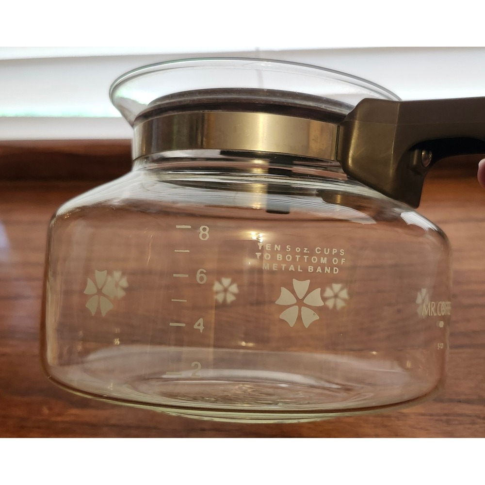 Vintage Mr Coffee 10 Cup Glass Carafe Replacement Brown Handle Floral Snowflake